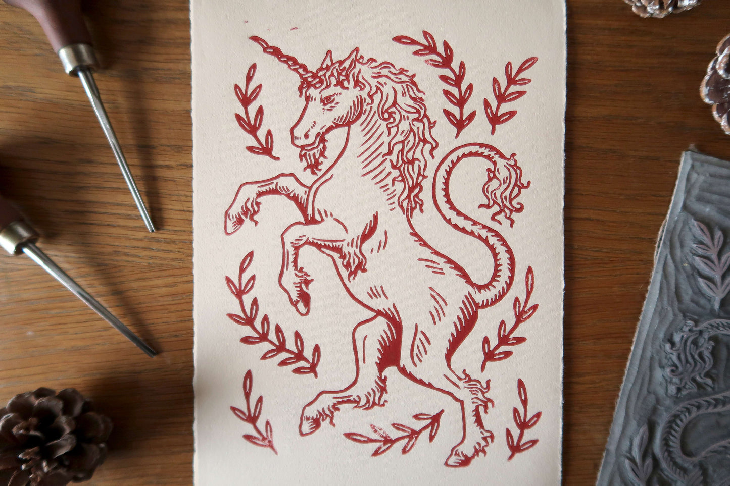 Medieval unicorn - Linocut print burnt sienna