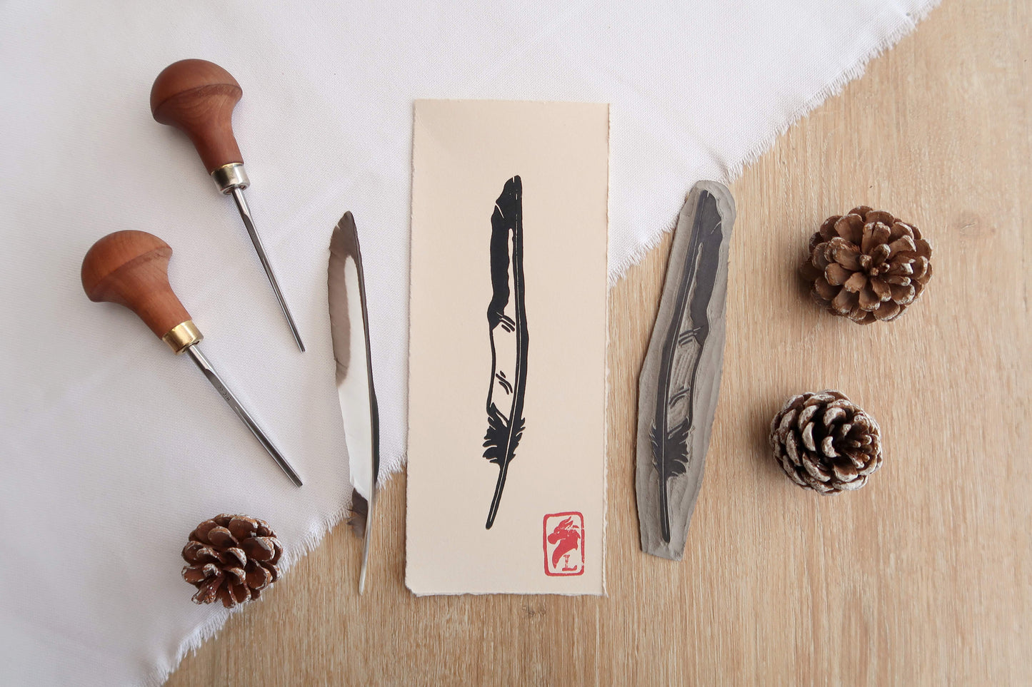 Magpie feather - Linocut print