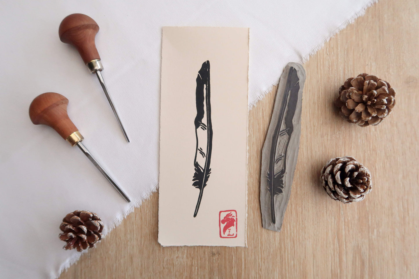 Magpie feather - Linocut print