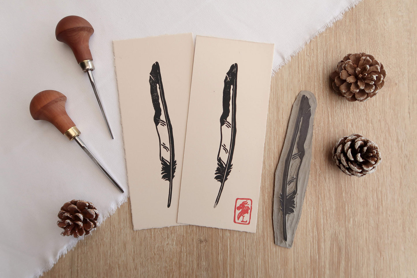 Magpie feather - Linocut print