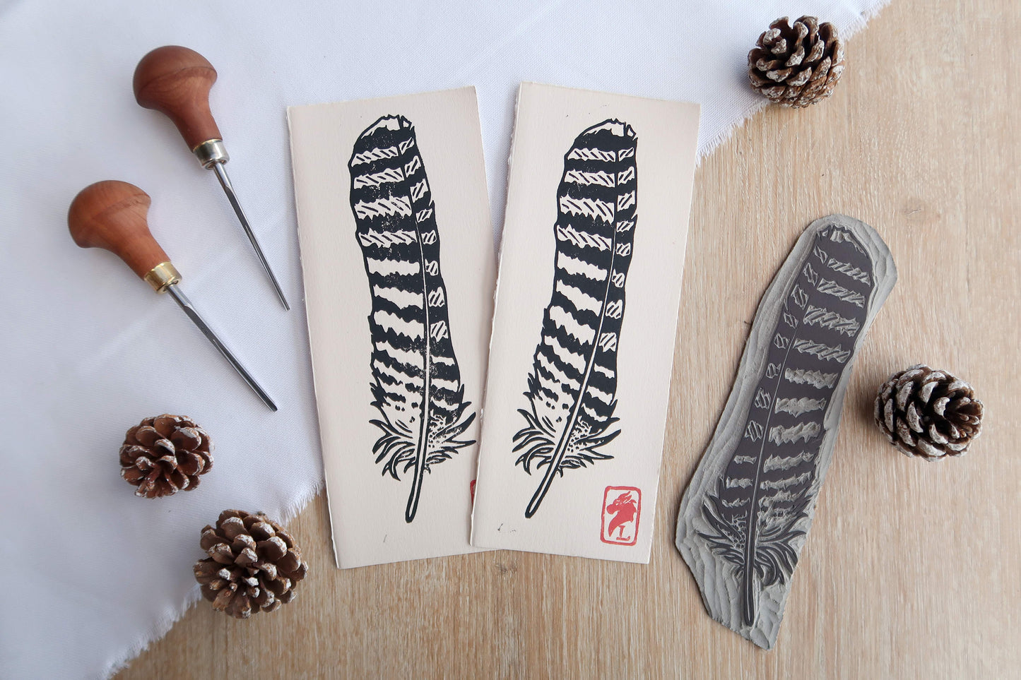 Buzzard feather - Linocut print