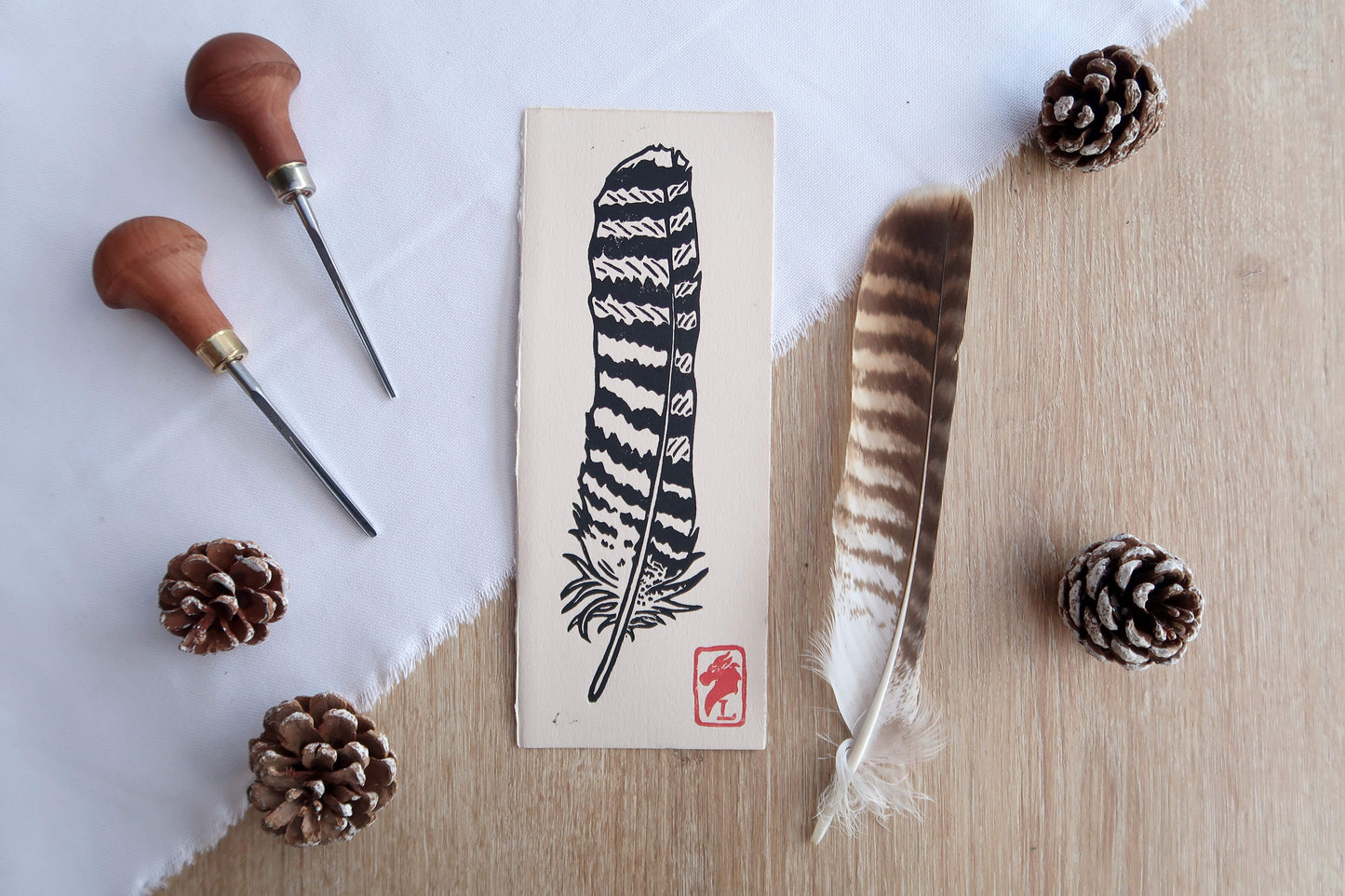 Buzzard feather - Linocut print