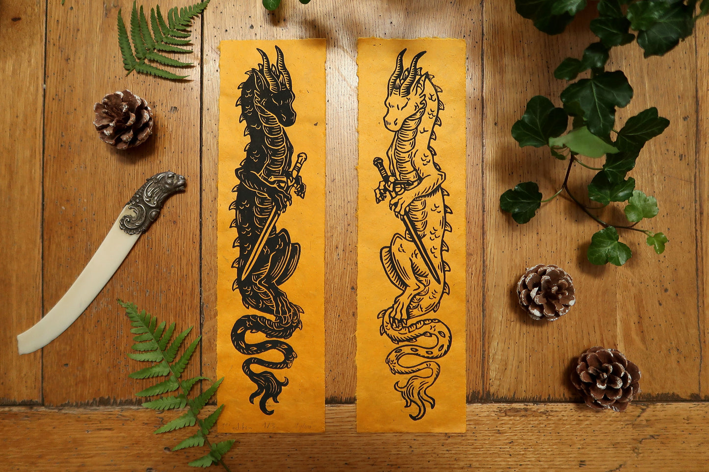 Swords & Dragons - Linocut print on Sun paper
