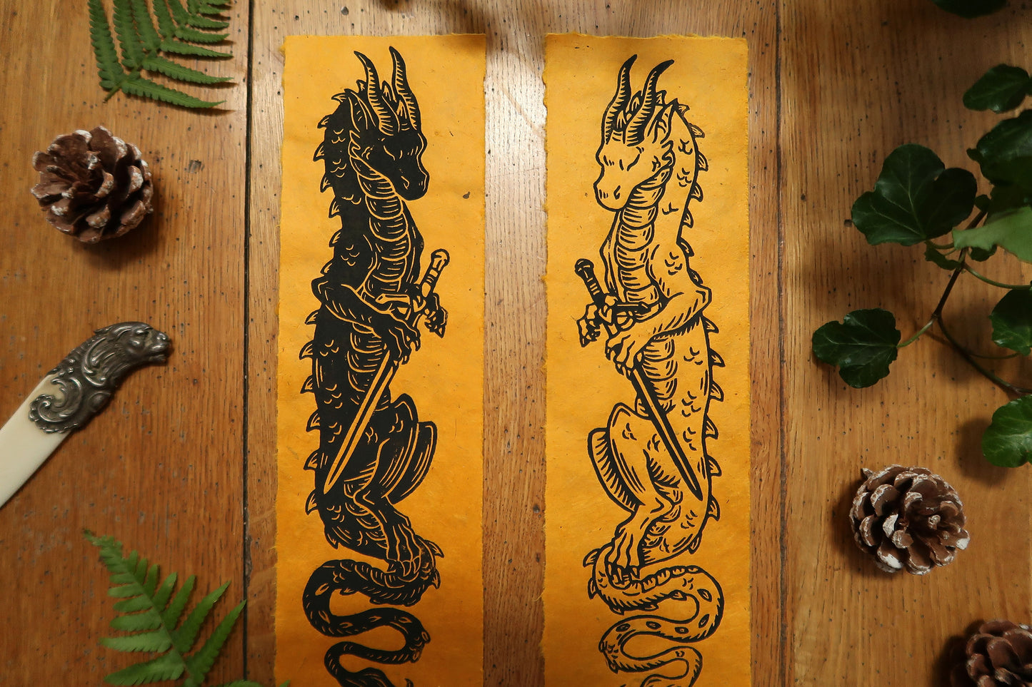 Swords & Dragons - Linocut print on Sun paper