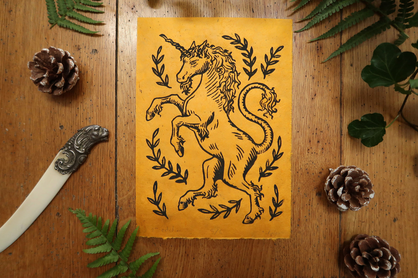 Medieval unicorn - Linocut print on sun paper