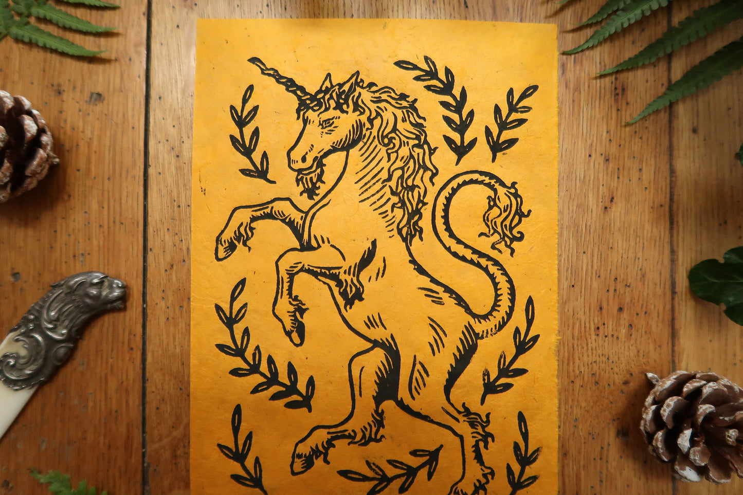 Medieval unicorn - Linocut print on sun paper