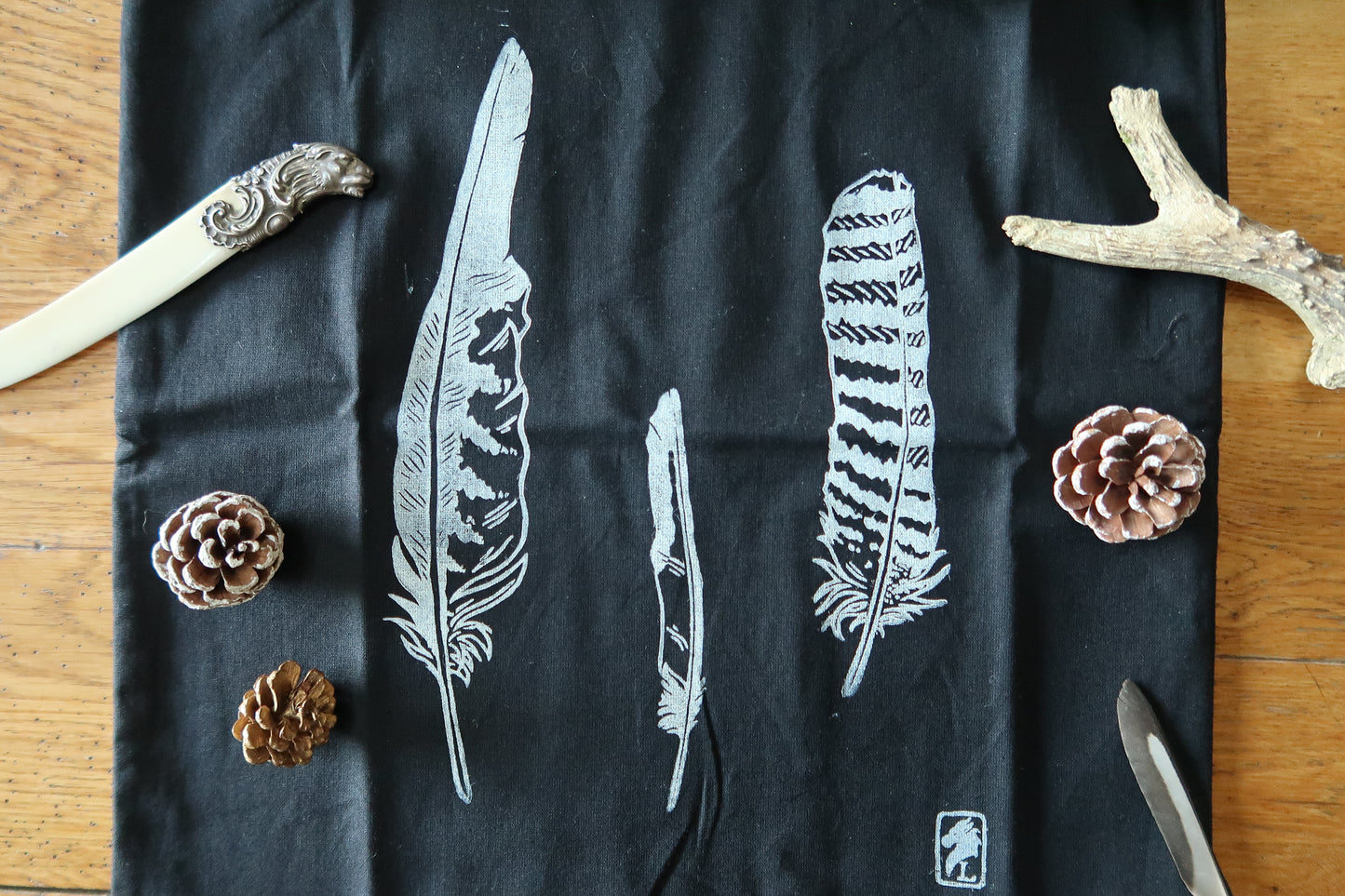 Block printed tote bag - Original Feathers - Linocut print on black color tote bag