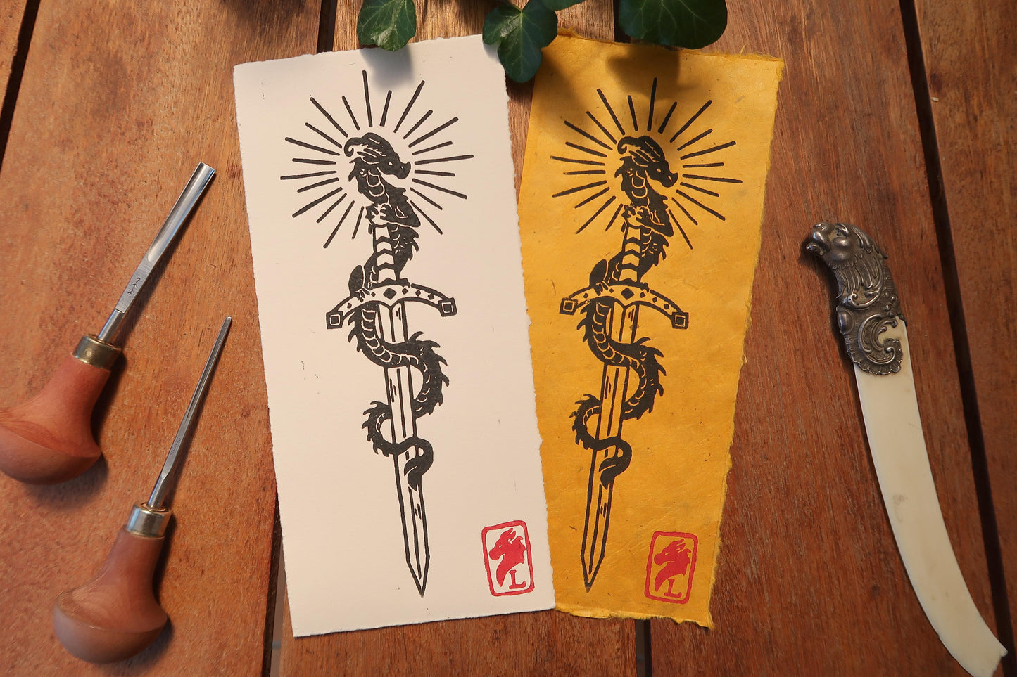 Tiny Sword & Dragon - Linocut print on Ivory or sun paper