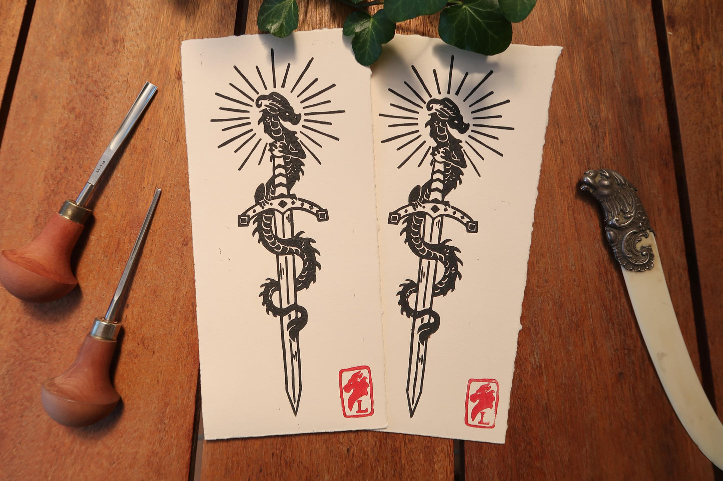 Tiny Sword & Dragon - Linocut print on Ivory or sun paper