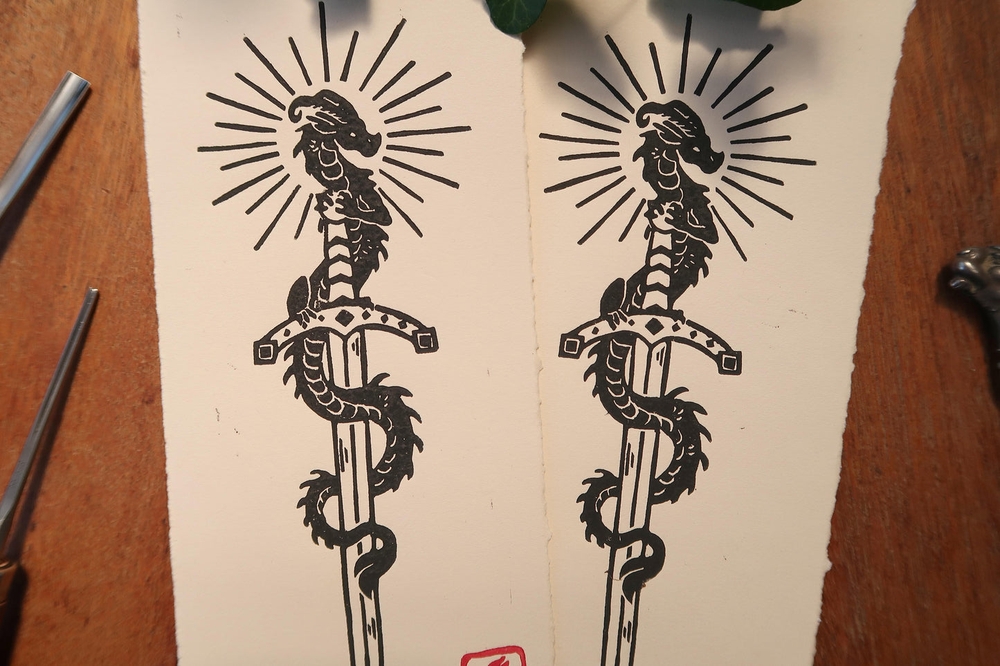 Tiny Sword & Dragon - Linocut print on Ivory or sun paper