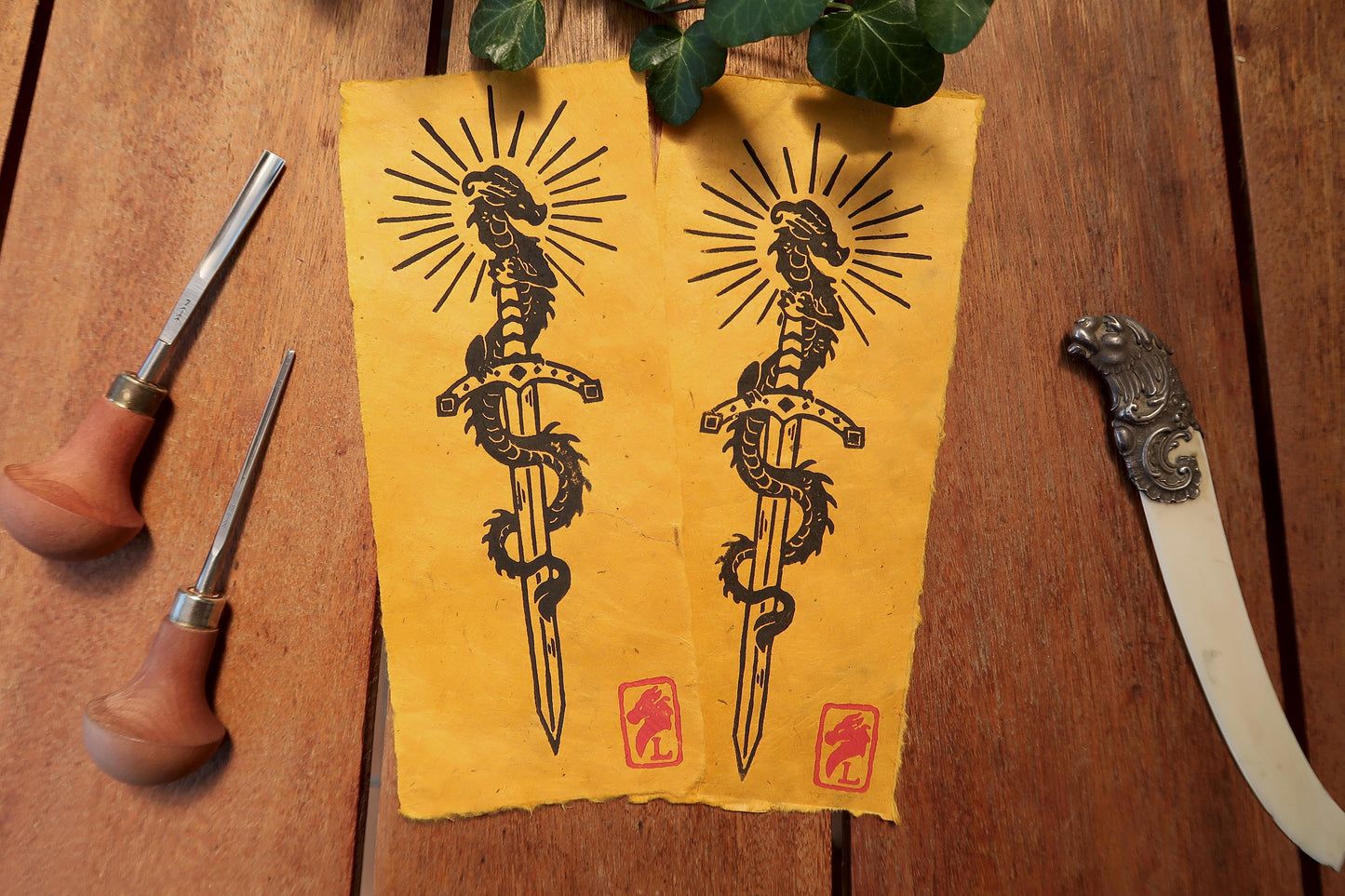 Tiny Sword & Dragon - Linocut print on Ivory or sun paper