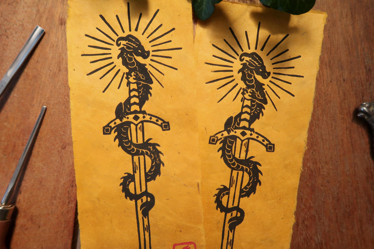 Tiny Sword & Dragon - Linocut print on Ivory or sun paper