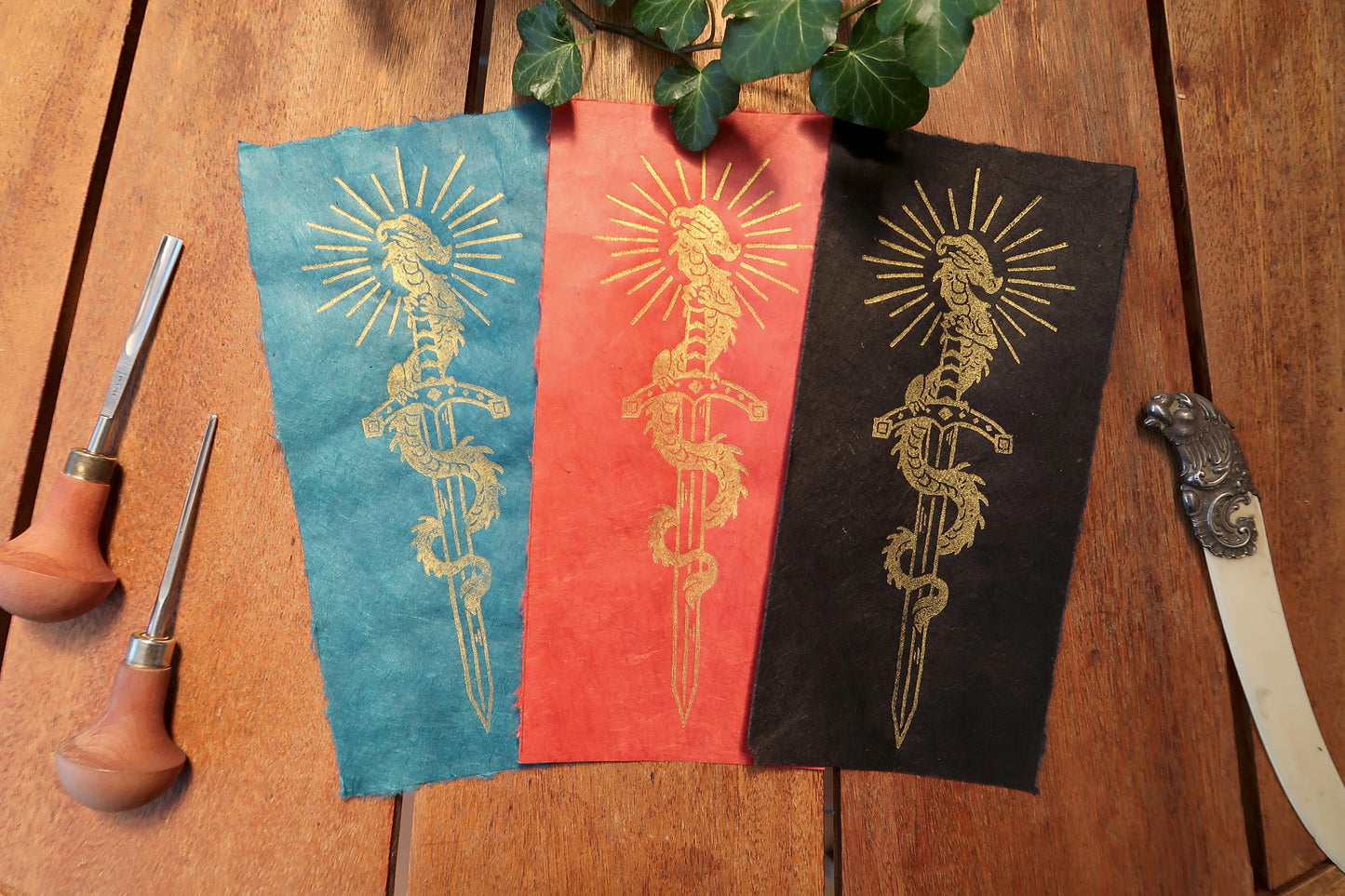 Tiny Sword & Dragon - Gold Linocut print on blue, red or black paper