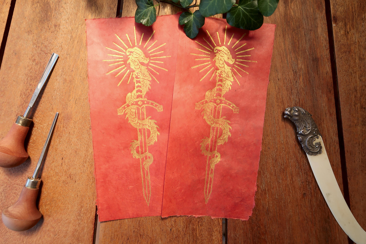 Tiny Sword & Dragon - Gold Linocut print on blue, red or black paper