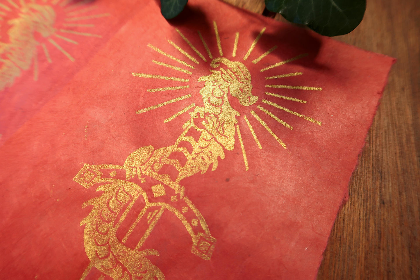 Tiny Sword & Dragon - Gold Linocut print on blue, red or black paper