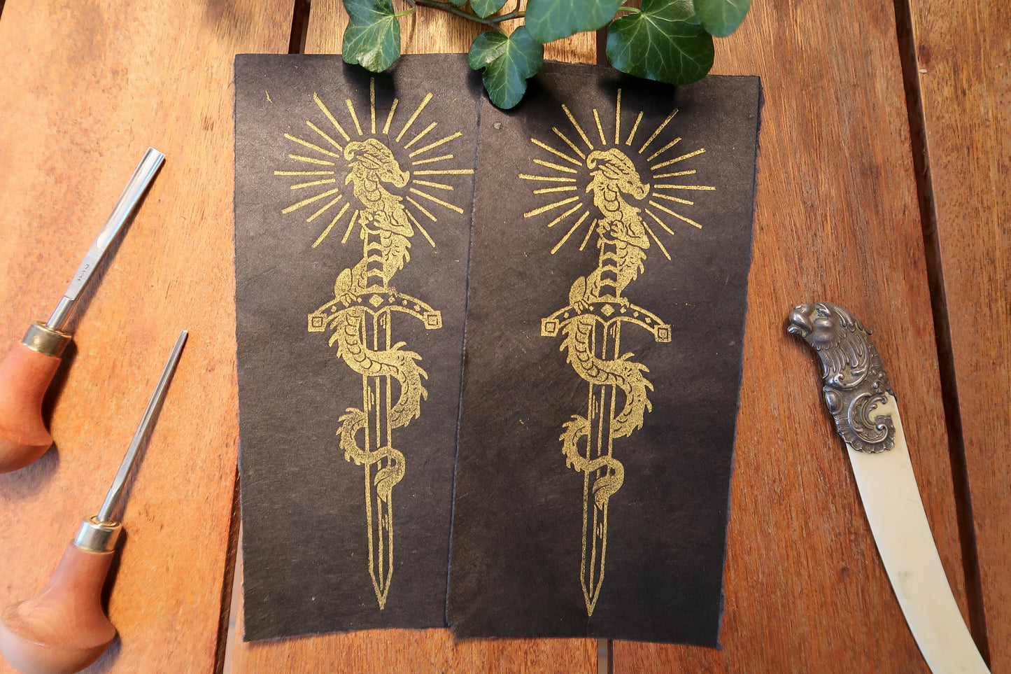 Tiny Sword & Dragon - Gold Linocut print on blue, red or black paper