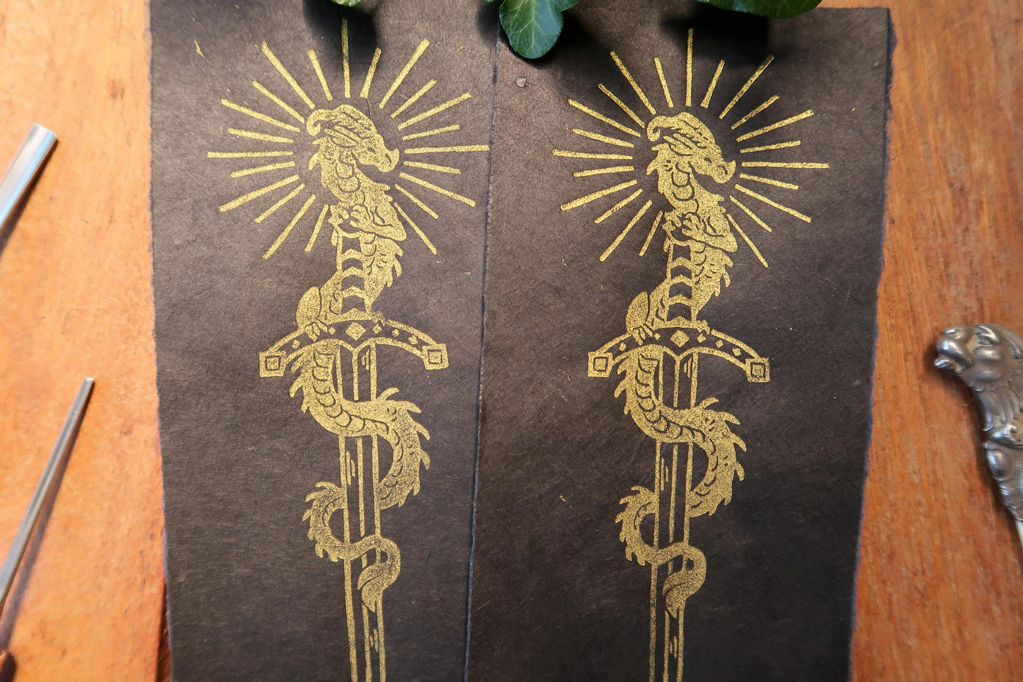 Tiny Sword & Dragon - Gold Linocut print on blue, red or black paper