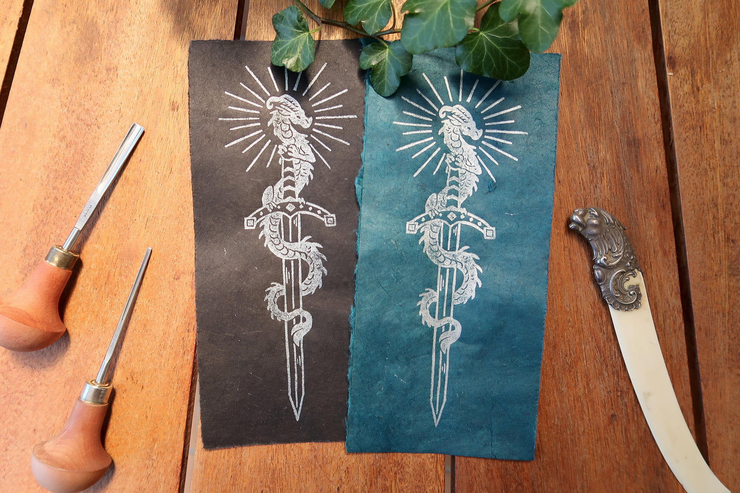 Tiny Sword & Dragon - Silver Linocut print on blue or black paper