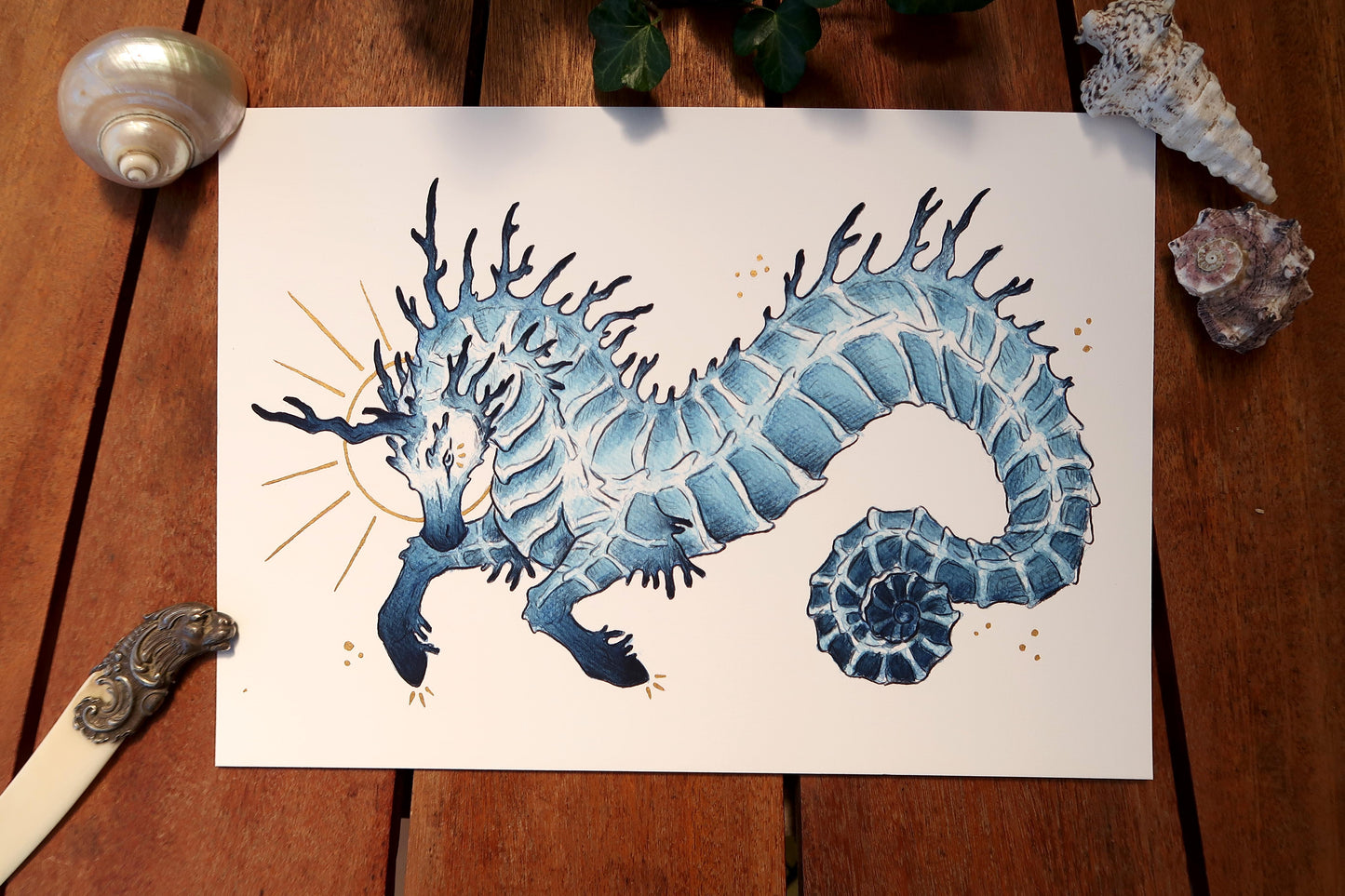 Aquatic unicorn - Print A5 or A4 with hand-embellished golden details