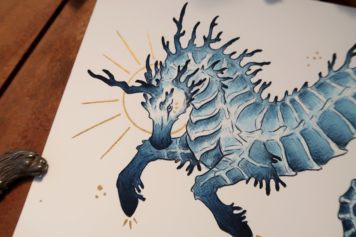 Aquatic unicorn - Print A5 or A4 with hand-embellished golden details