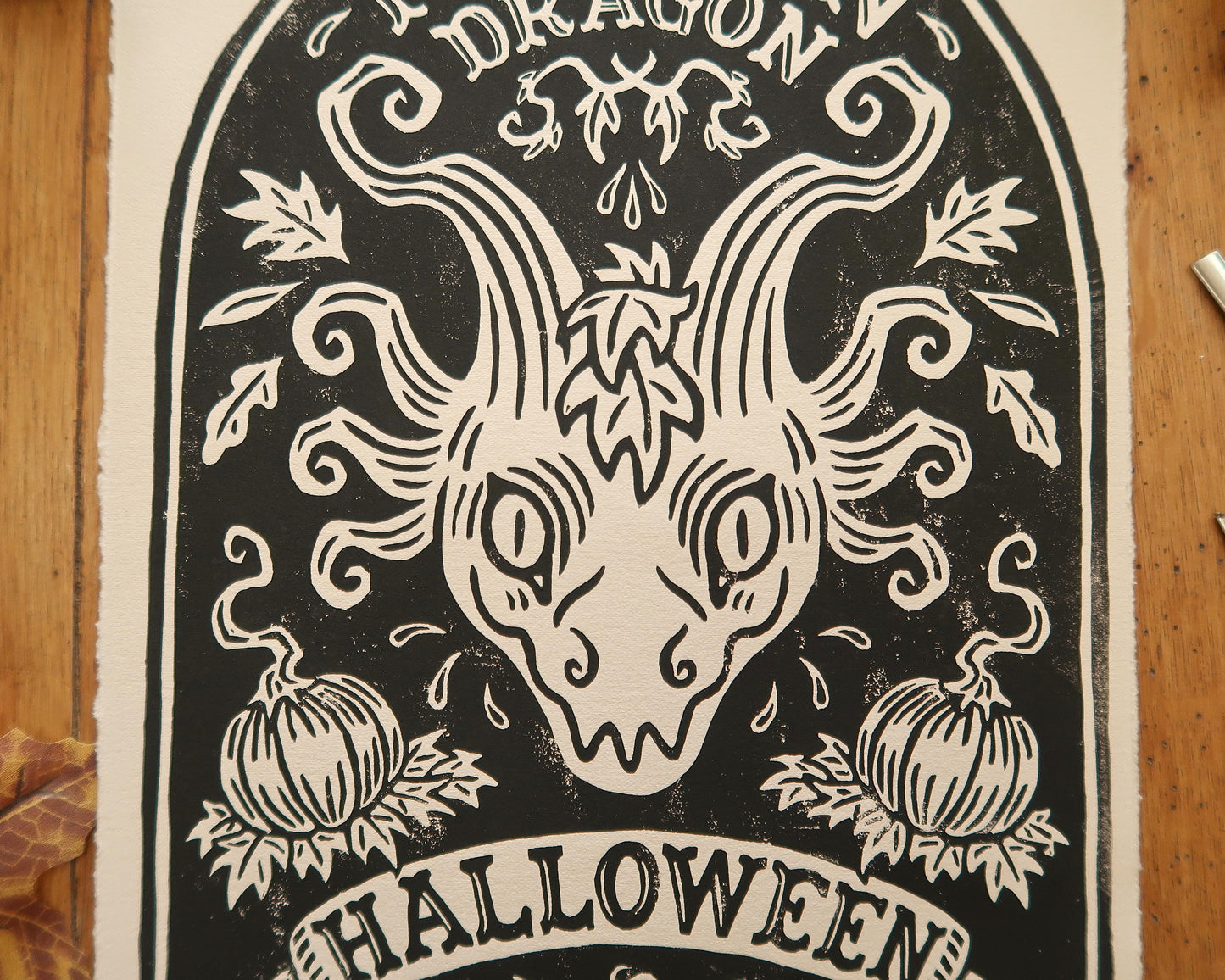 Pumpkin dragon 2- Linocut print