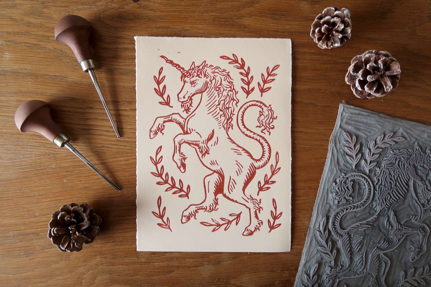 Medieval unicorn - Linocut print burnt sienna
