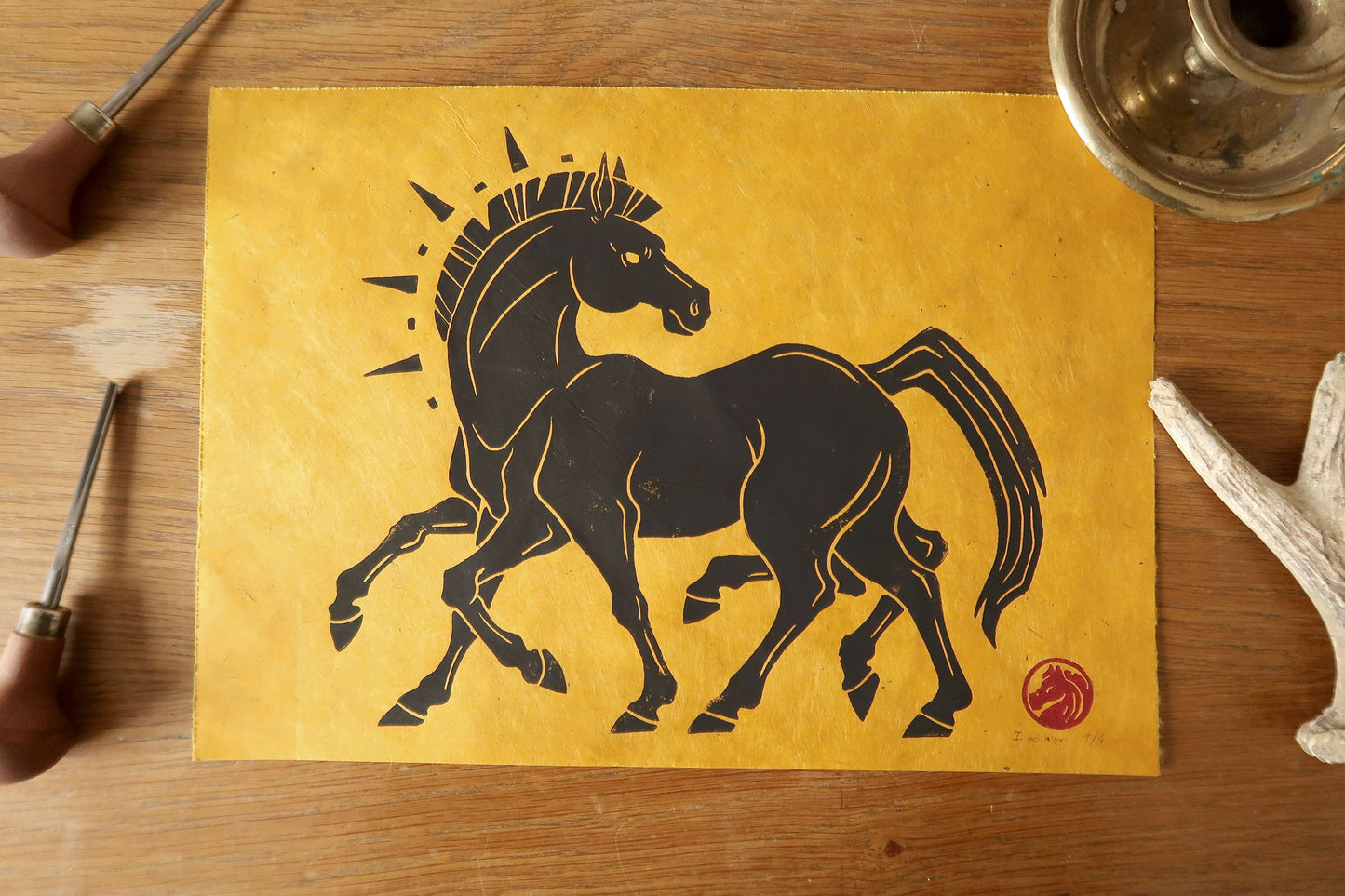 Sleipnir - Linocut print on sun paper