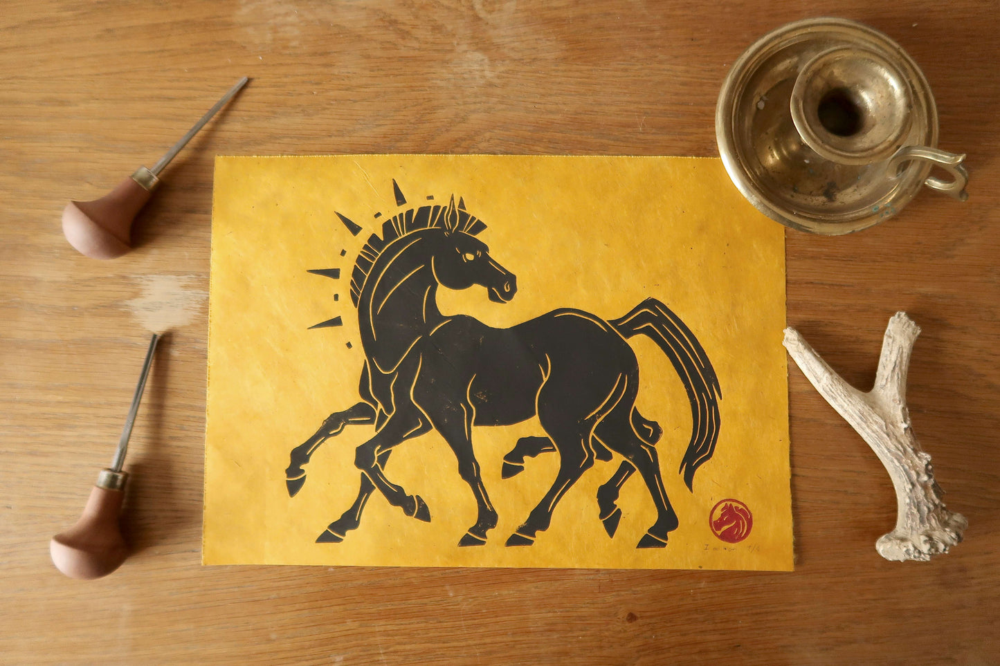 Sleipnir - Linocut print on sun paper