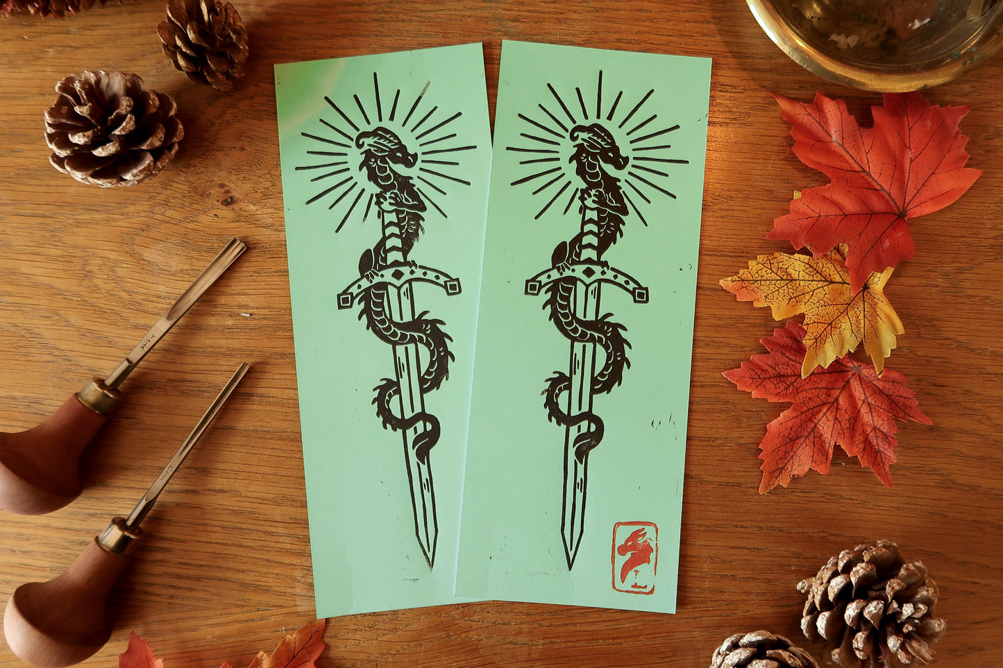 Tiny Sword & Dragon - Linocut print - Mint colored paper