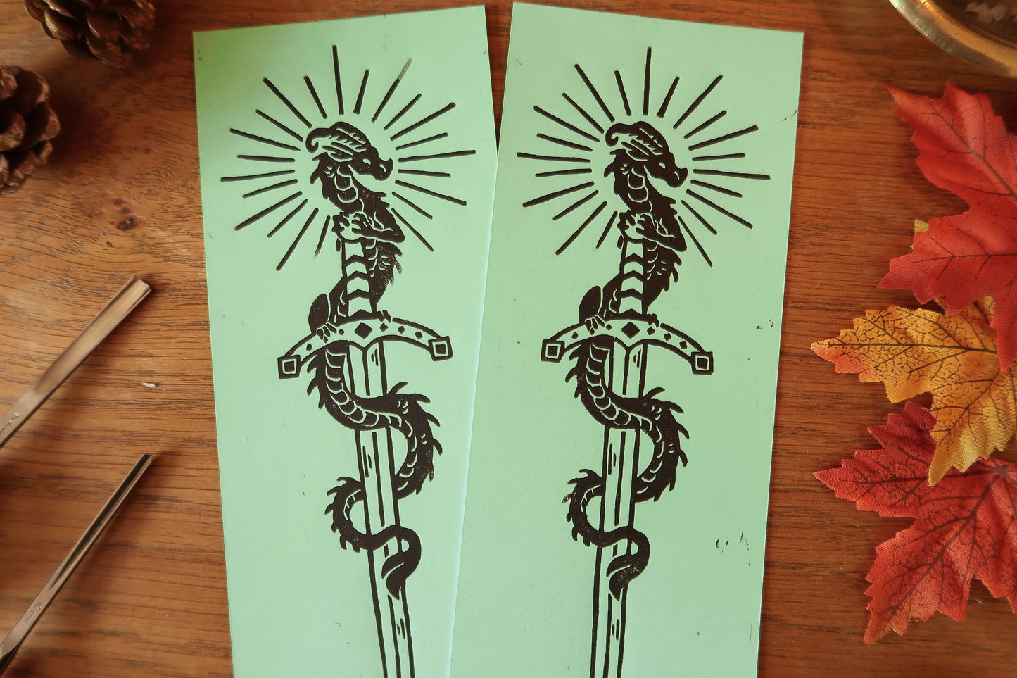 Tiny Sword & Dragon - Linocut print - Mint colored paper