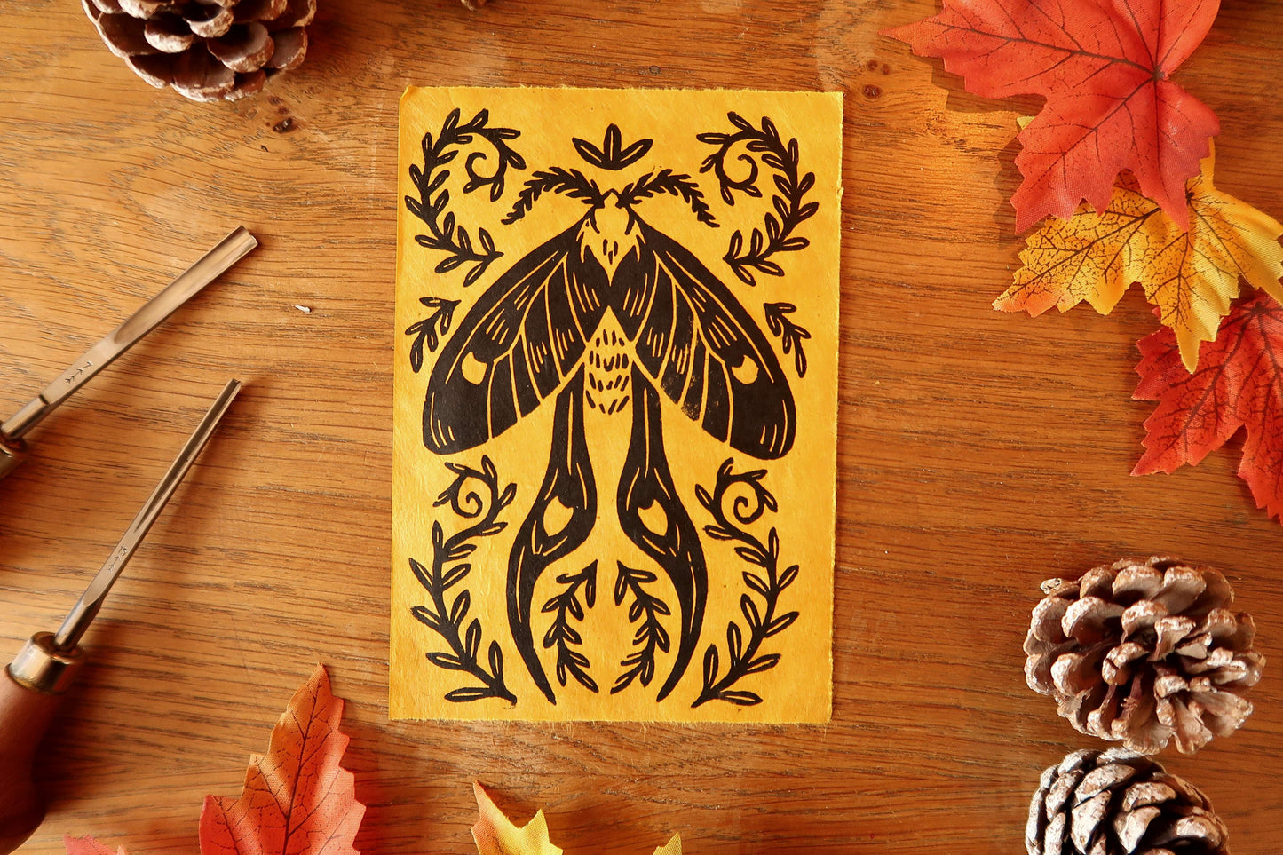Tiny Moth - Linocut print on Sun paper