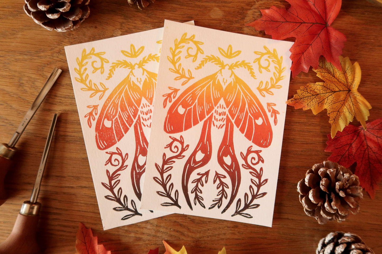 Fall Tiny Moth - Linocut print