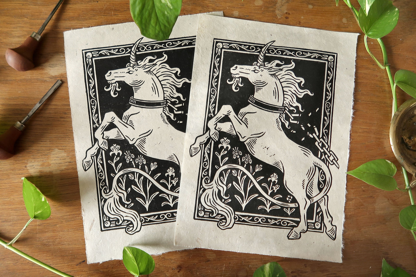 Unchained medieval unicorn - Linocut print