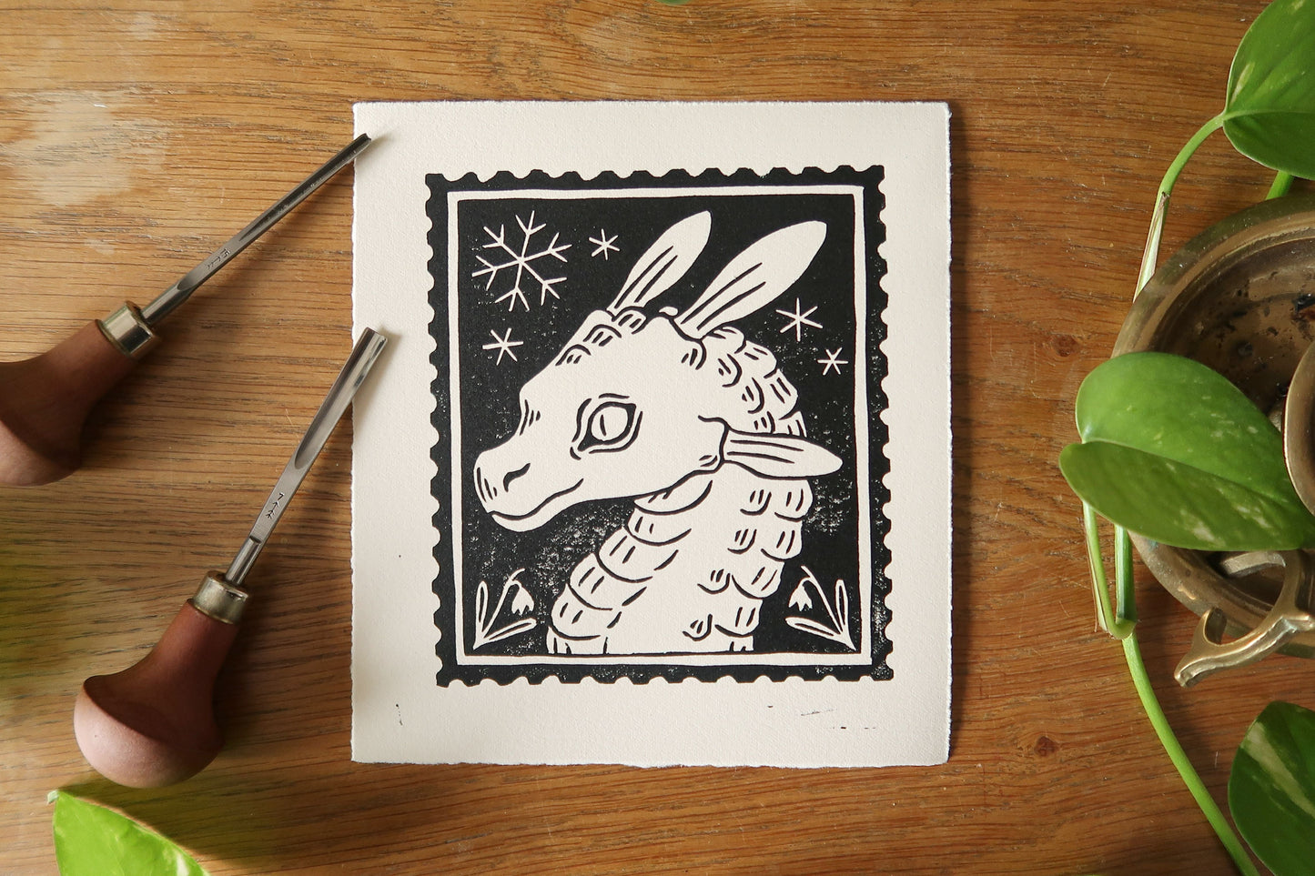 Snowdrop dragon - Linocut print