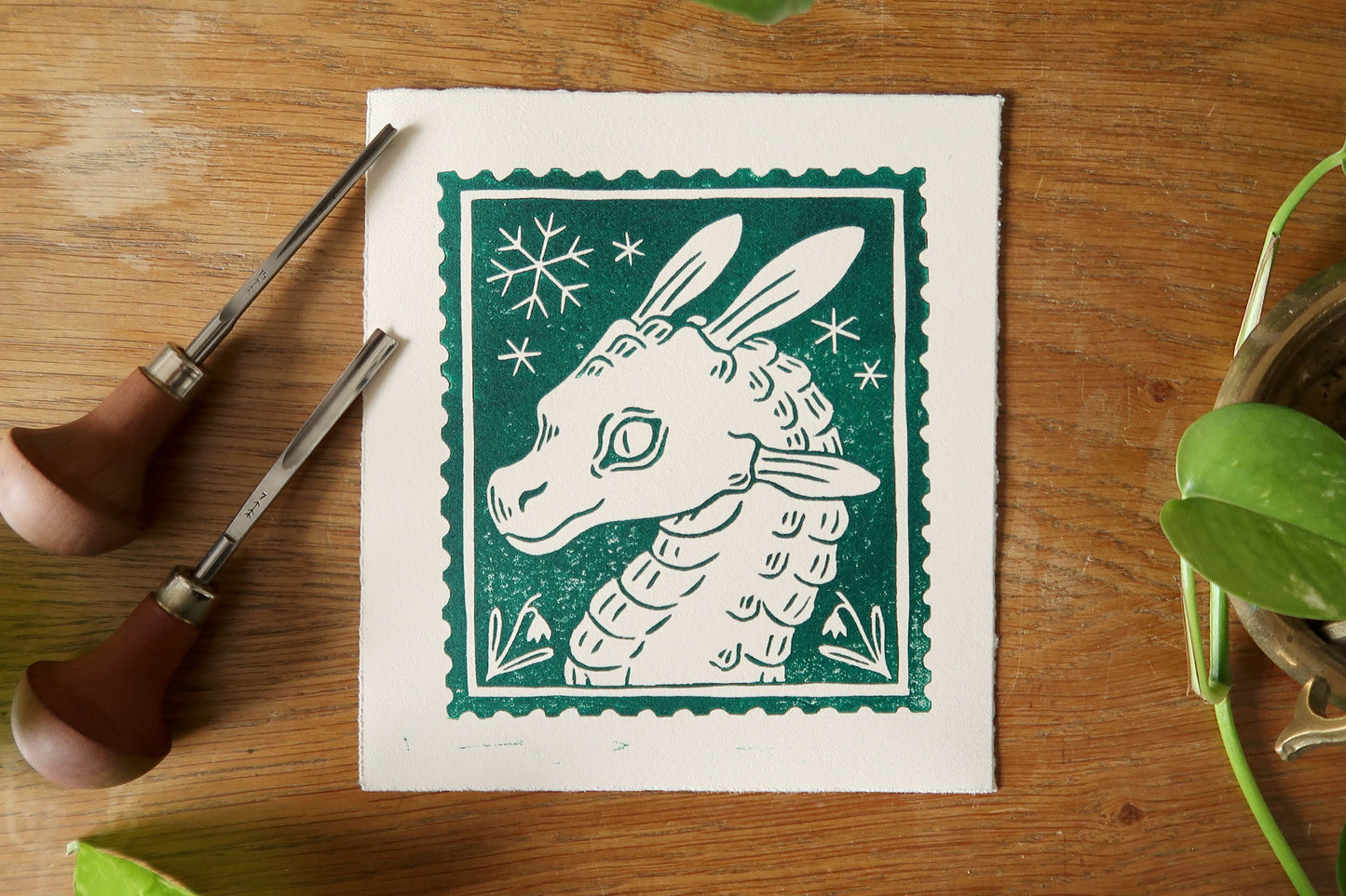 Snowdrop dragon - Linocut print