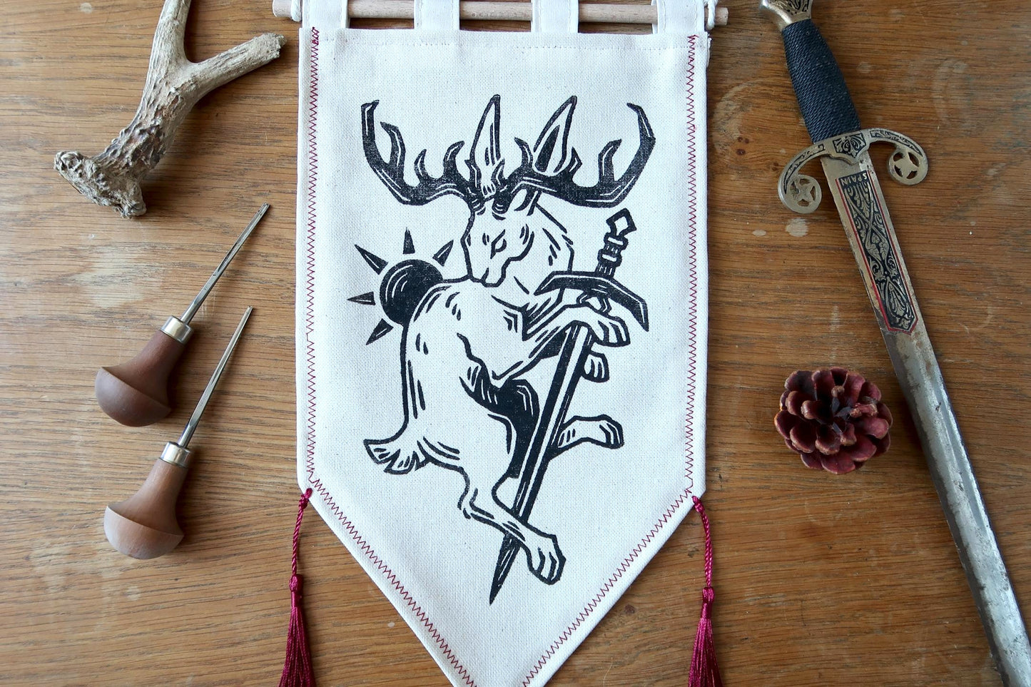 Medieval Jackalope and Wolpertinger - Linocut Banner - Limited edition