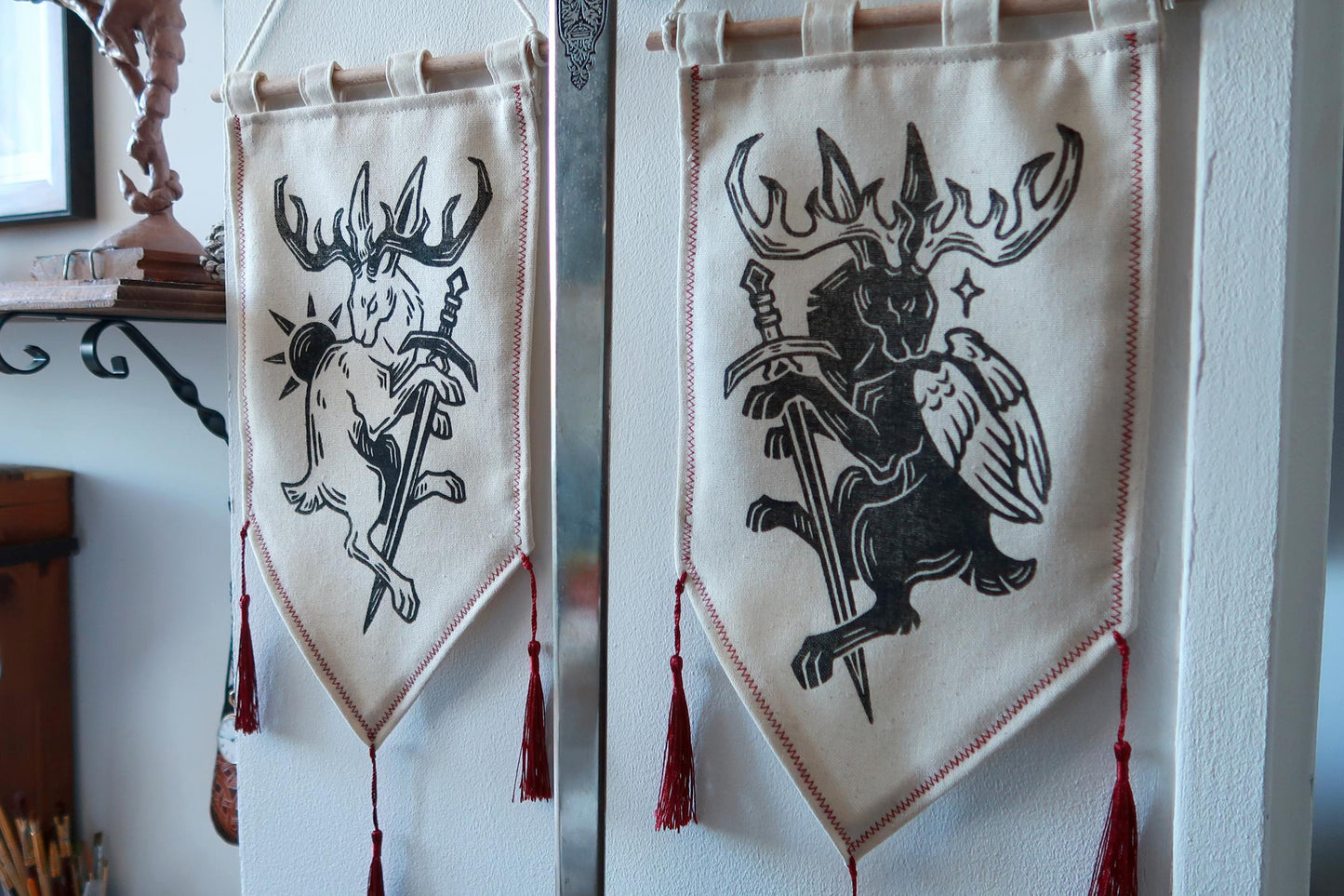 Medieval Jackalope and Wolpertinger - Linocut Banner - Limited edition