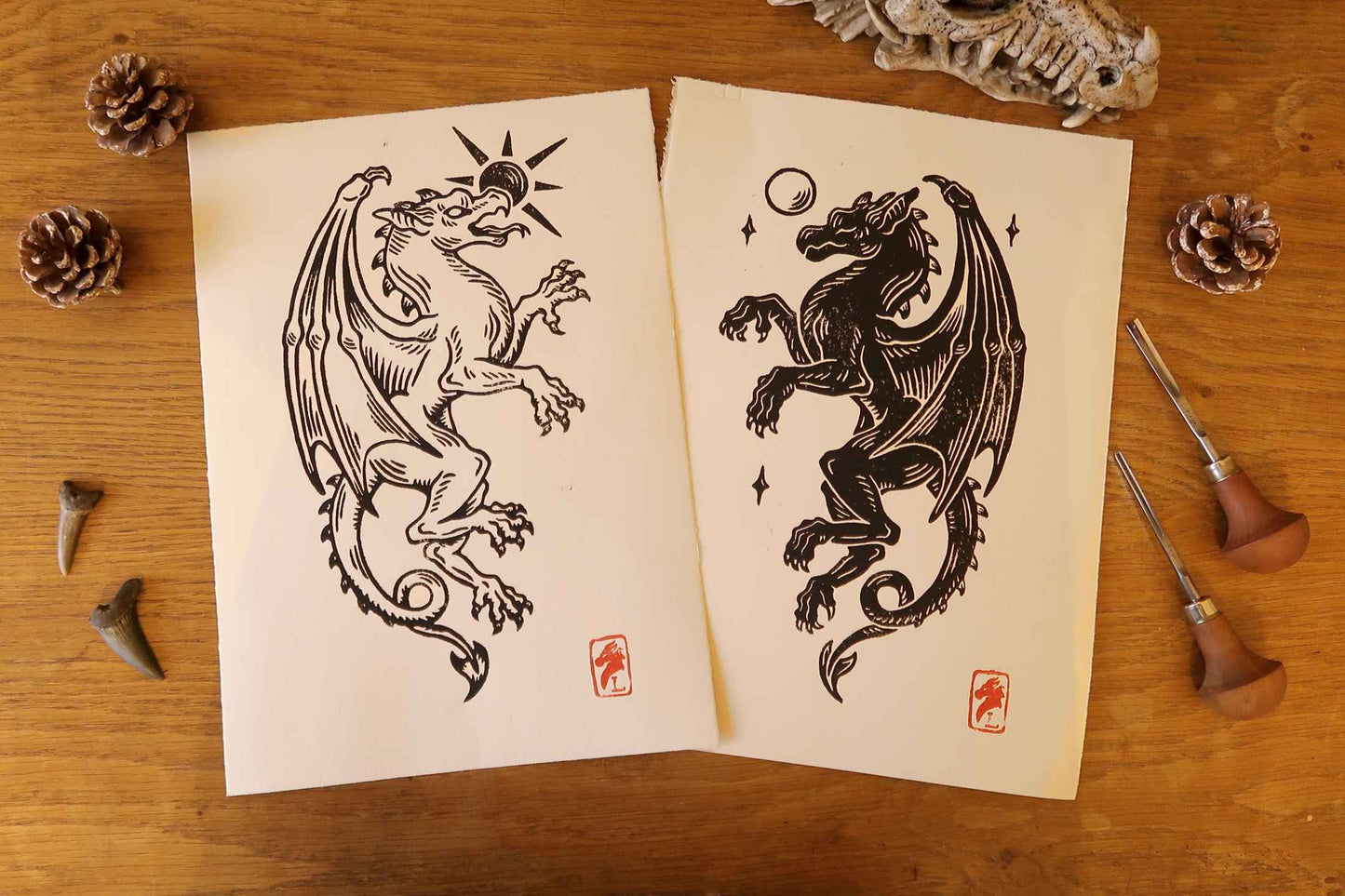 Medieval Gargoyles - Linocut print