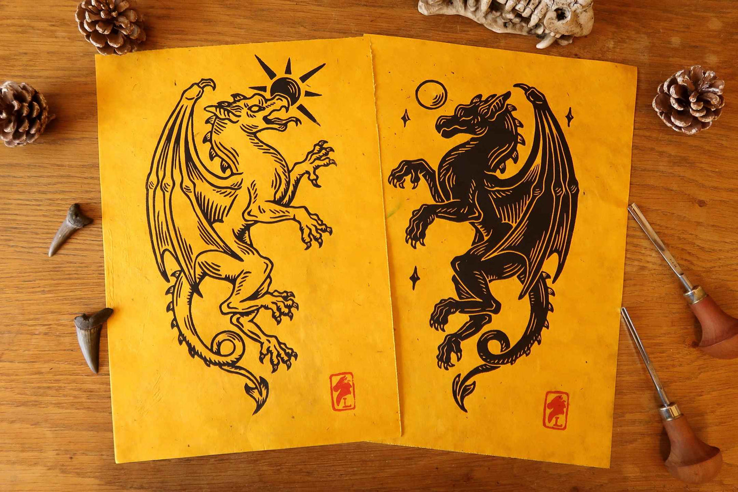 Medieval Gargoyles - Linocut print on Sun paper