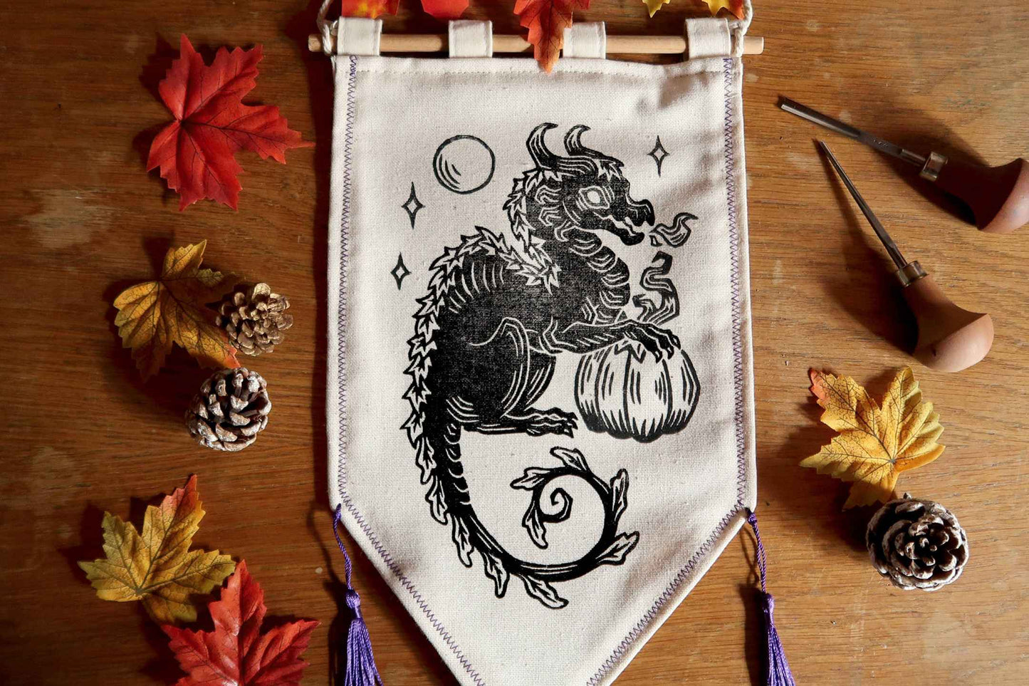 Pumpkin dragon - Linocut Banner - Limited edition