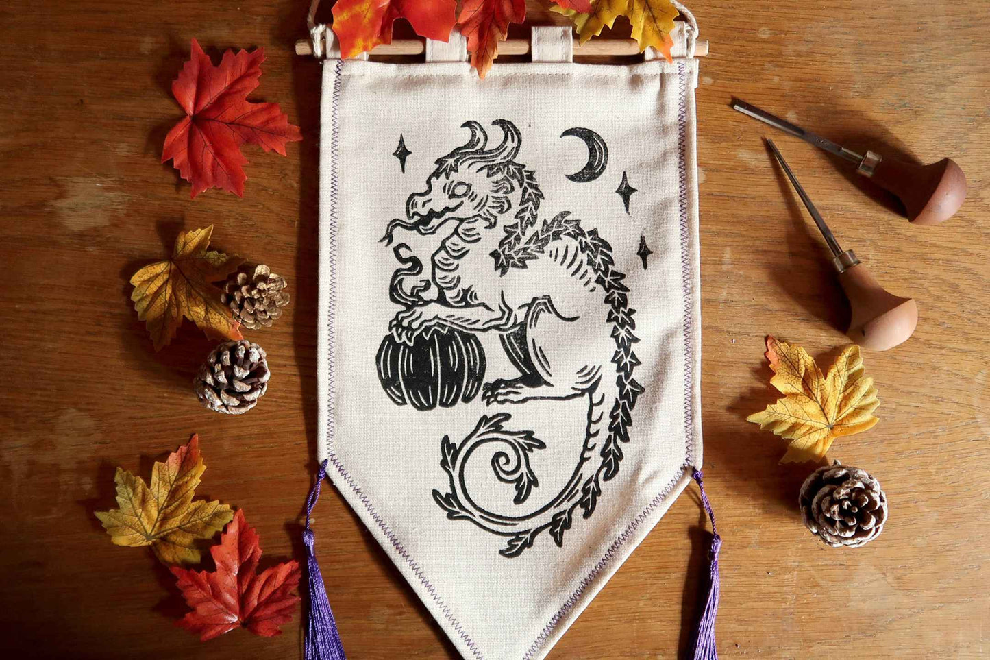 Pumpkin dragon - Linocut Banner - Limited edition