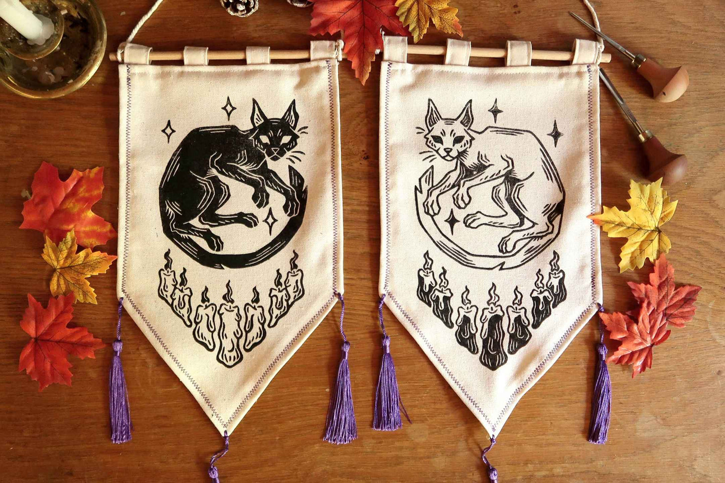 Cats and Candles - Linocut Banner -Limited edition