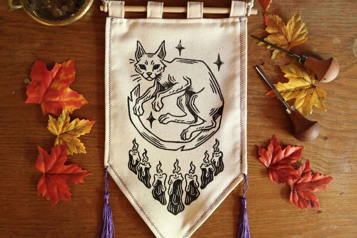 Cats and Candles - Linocut Banner -Limited edition