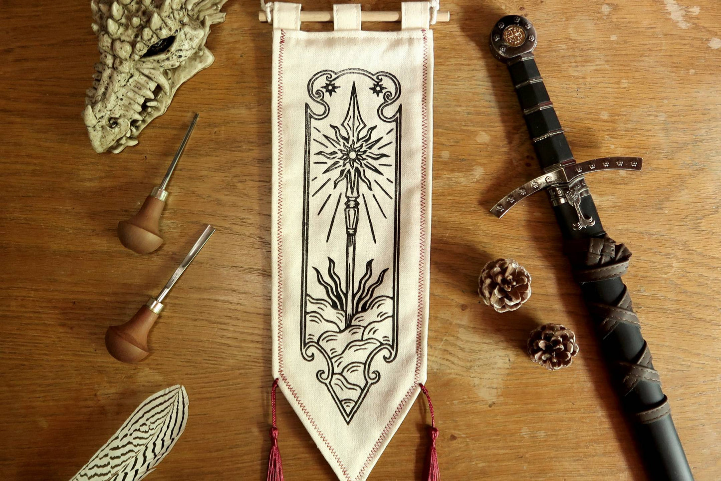 Medieval sword and spear - Linocut Banner - Limited edition