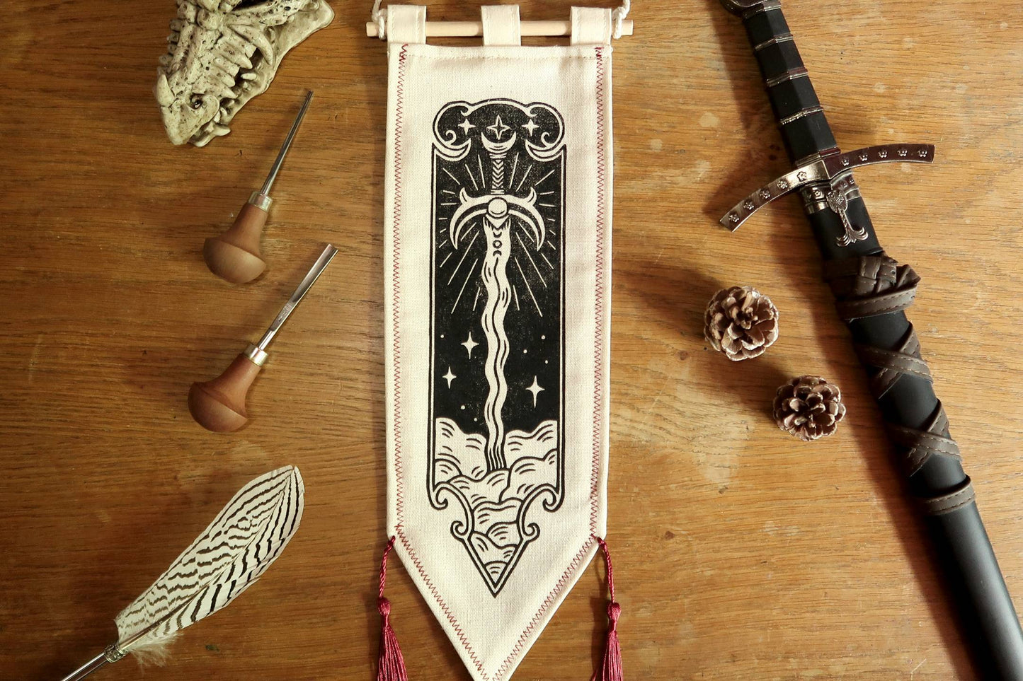 Medieval sword and spear - Linocut Banner - Limited edition