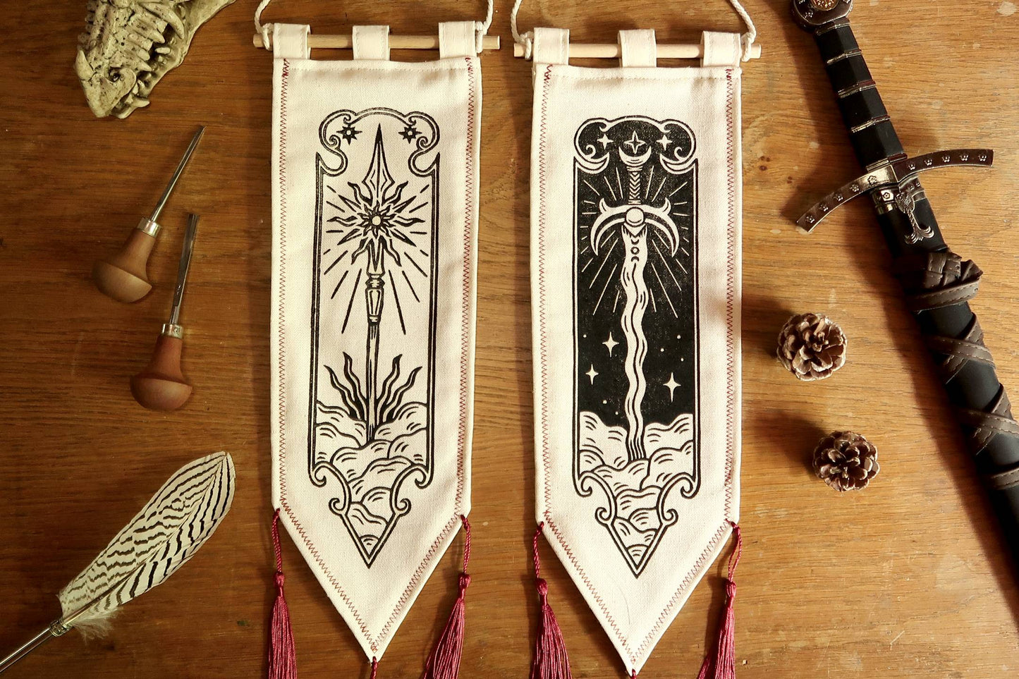 Medieval sword and spear - Linocut Banner - Limited edition