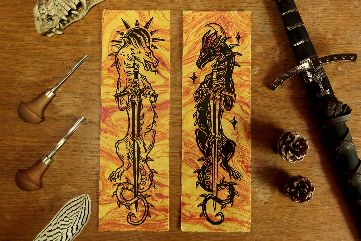 Sun and moon sword Dragons - Linocut print on marbled paper