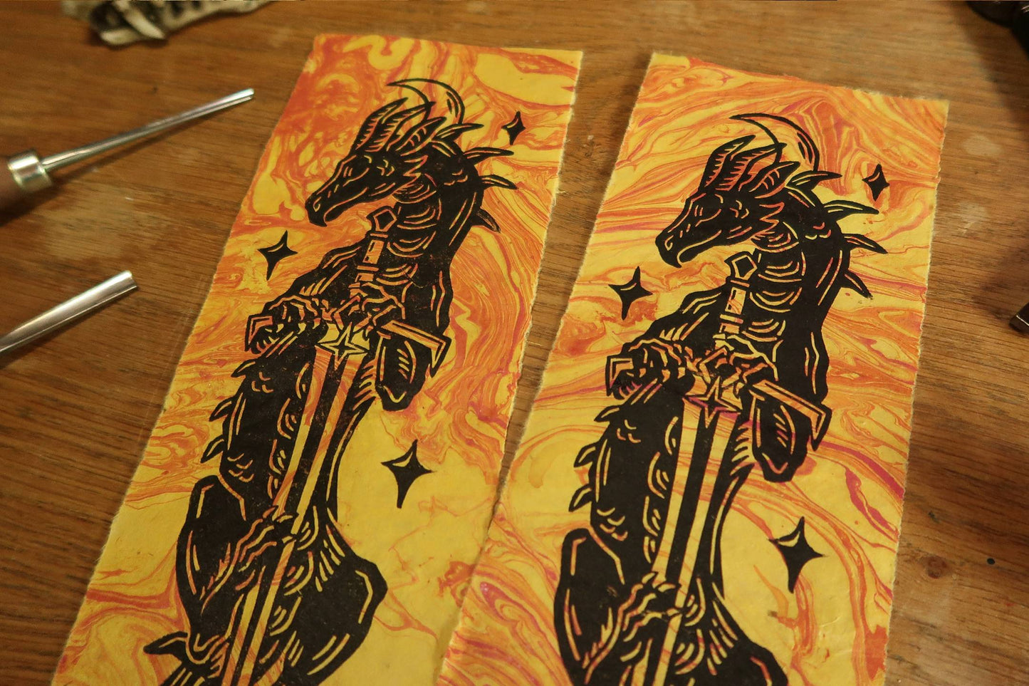 Sun and moon sword Dragons - Linocut print on marbled paper