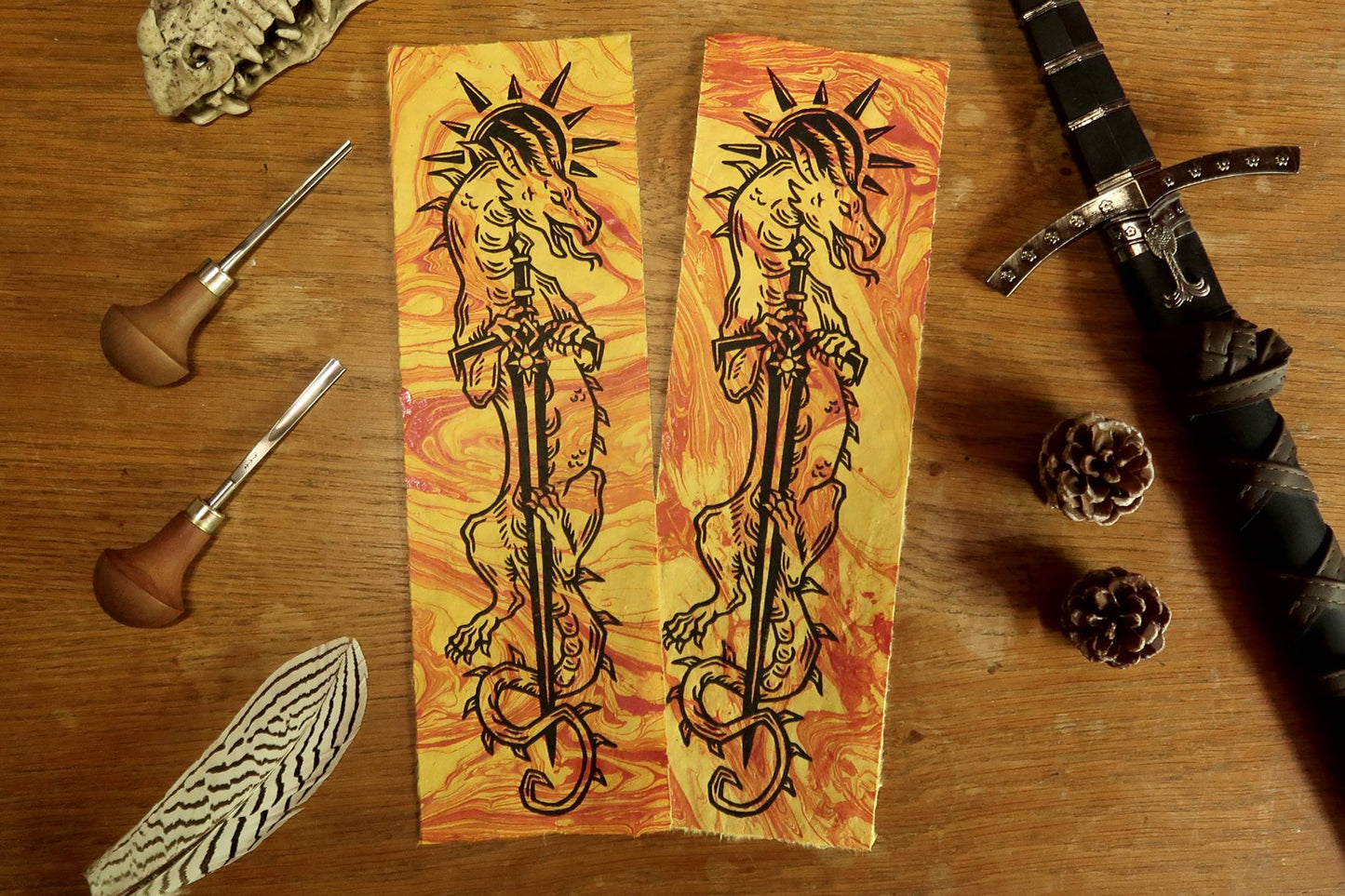 Sun and moon sword Dragons - Linocut print on marbled paper