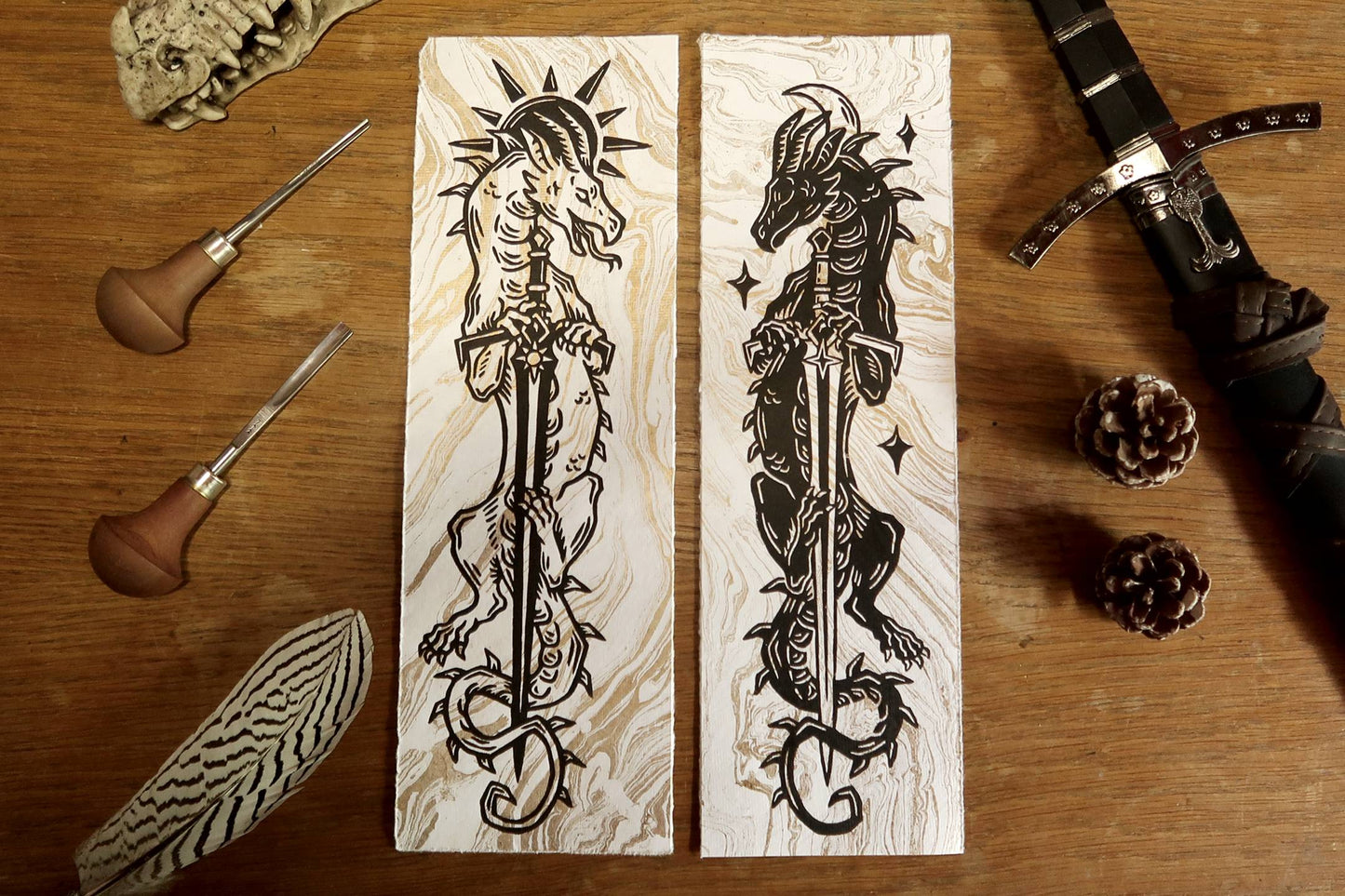 Sun and moon sword Dragons - Linocut print on gold marbled paper